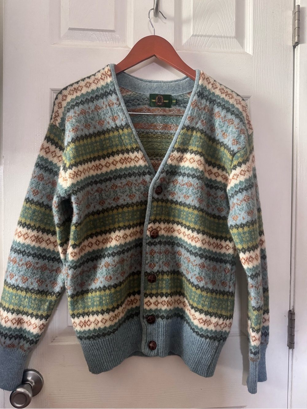 Fair Isle Wool Cardigan Sweater - Light Blue Multi color M